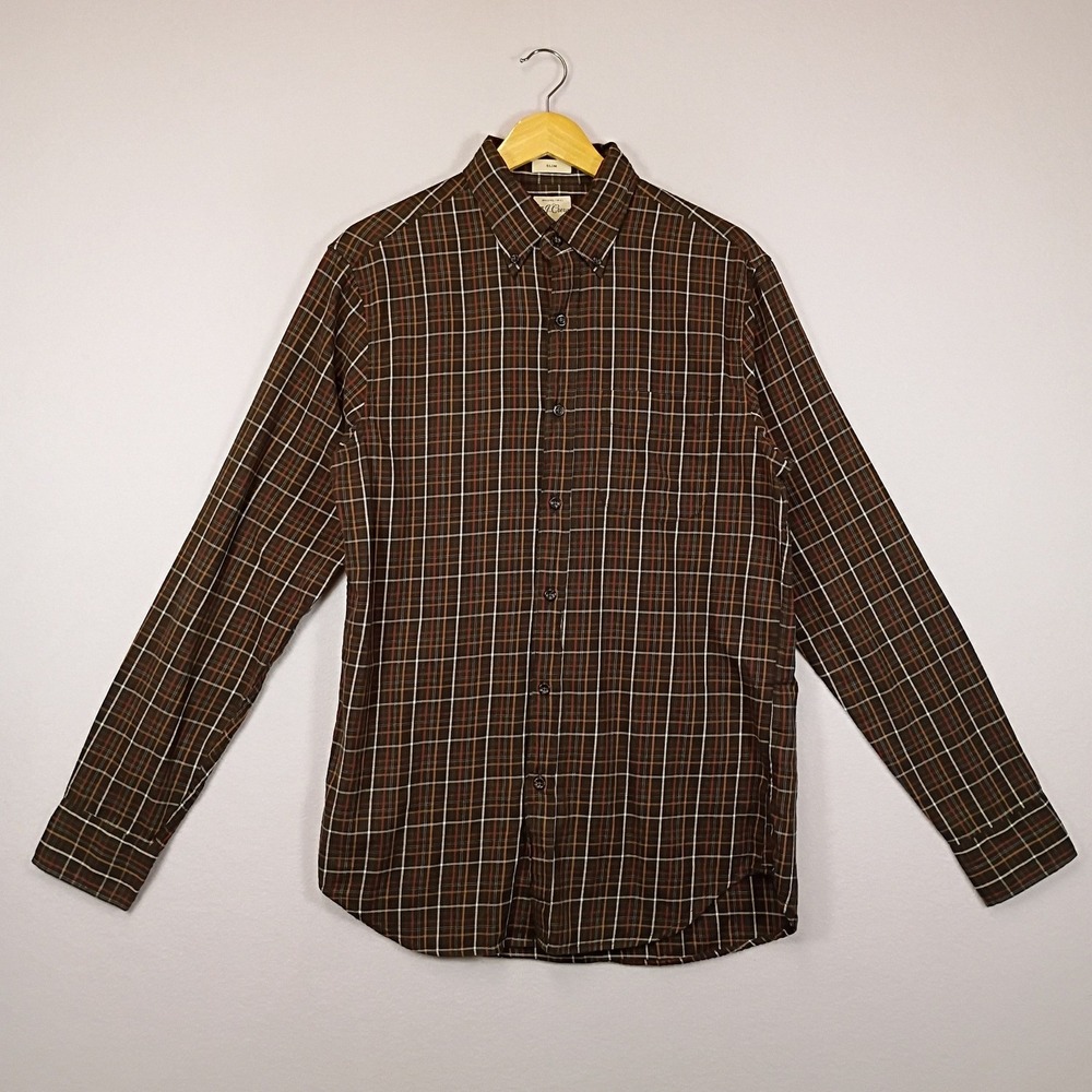 Dark Academia J.Crew Mens Small Brown Plaid Brushed Twill Slim Fit Button Down